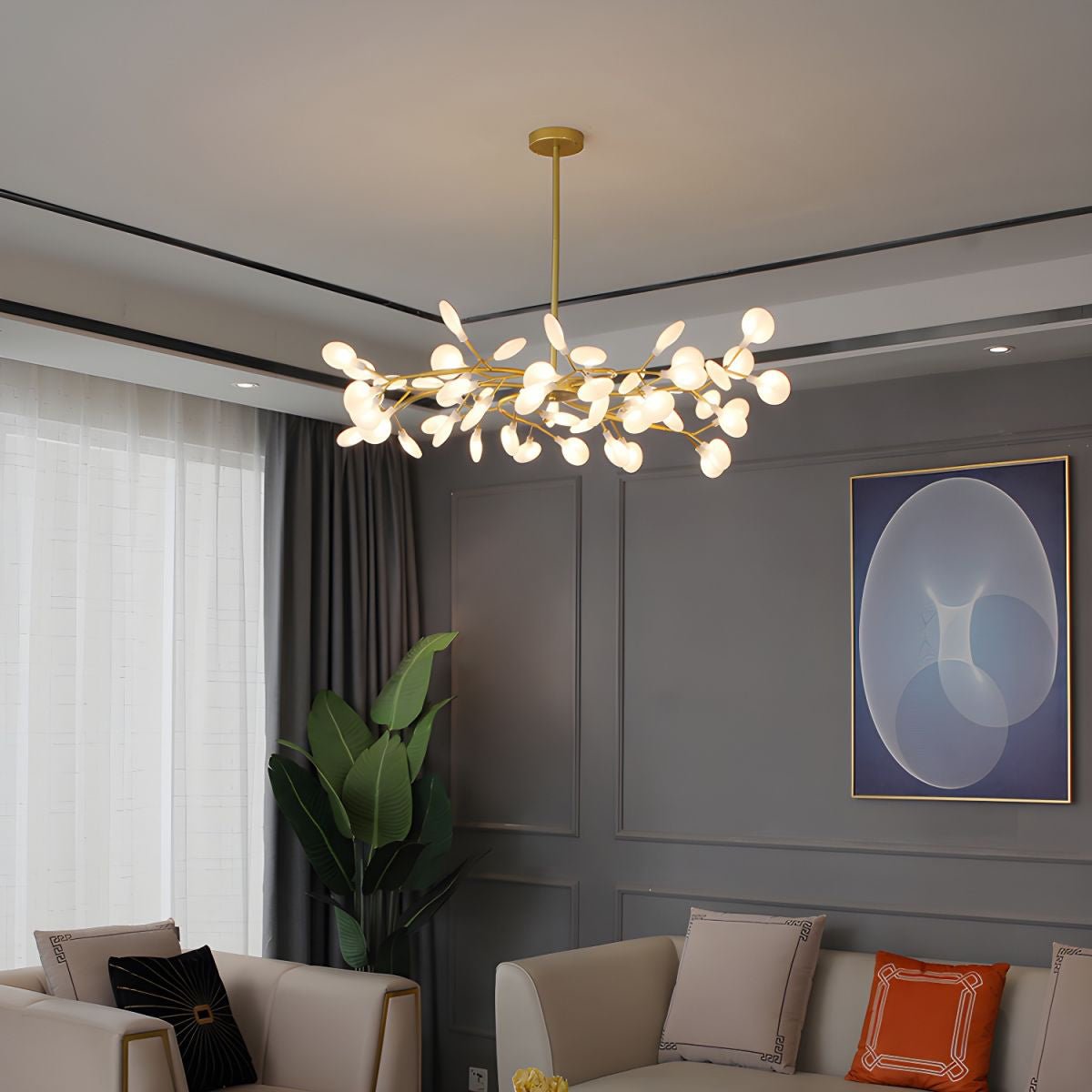 Acrylic Branch Chandelier with Adjustable LED Lights for Dining Room & Entryway - 30 to 63 Light Branches - Dimmable Gold or Black Metal Fin