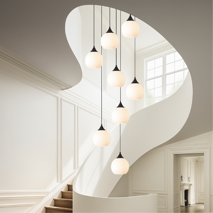 Multi-Drop Glass Globe Stairwell Fixture with Height-Adjustable Cable System for Vertical Spaces Black LED Illumination Mezzanine Entryway F