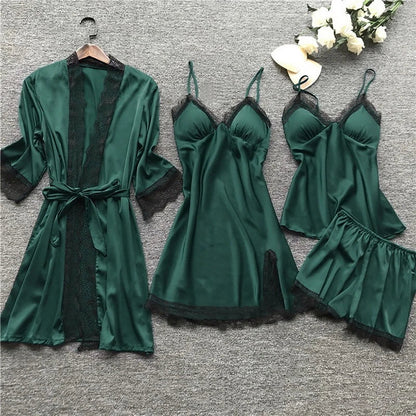 Women's Satin Pajama Set 4-Piece Robe Cami Shorts & Pants with Lace Trim for Bedroom Loungewear Sleepwear Nightwear Gift