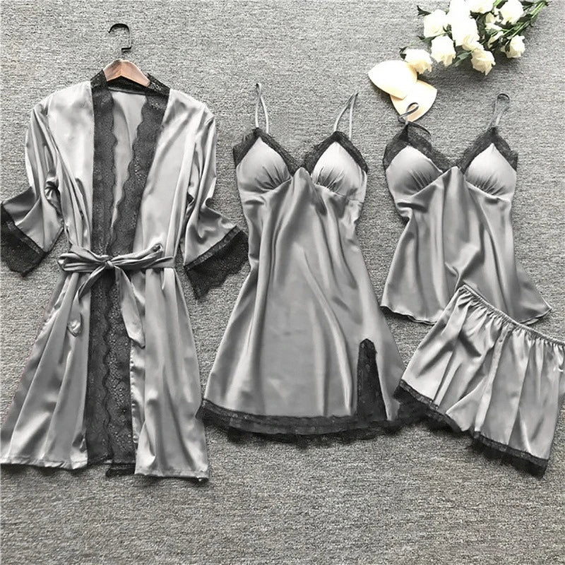 Women's Satin Pajama Set 4-Piece Robe Cami Shorts & Pants with Lace Trim for Bedroom Loungewear Sleepwear Nightwear Gift
