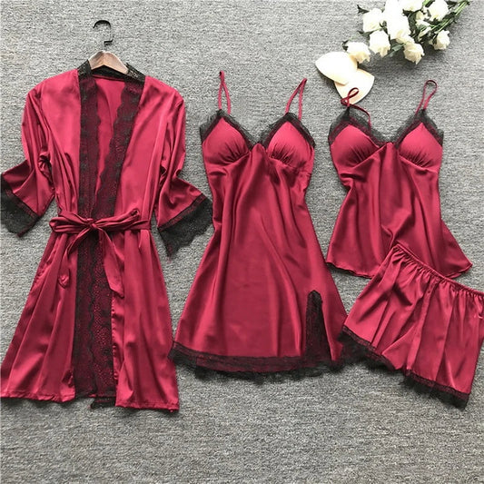 Conjunto de pijama de satén para mujer, 4 piezas: bata, camisola, shorts y pantalones con borde de encaje para dormir, descansar o regalar