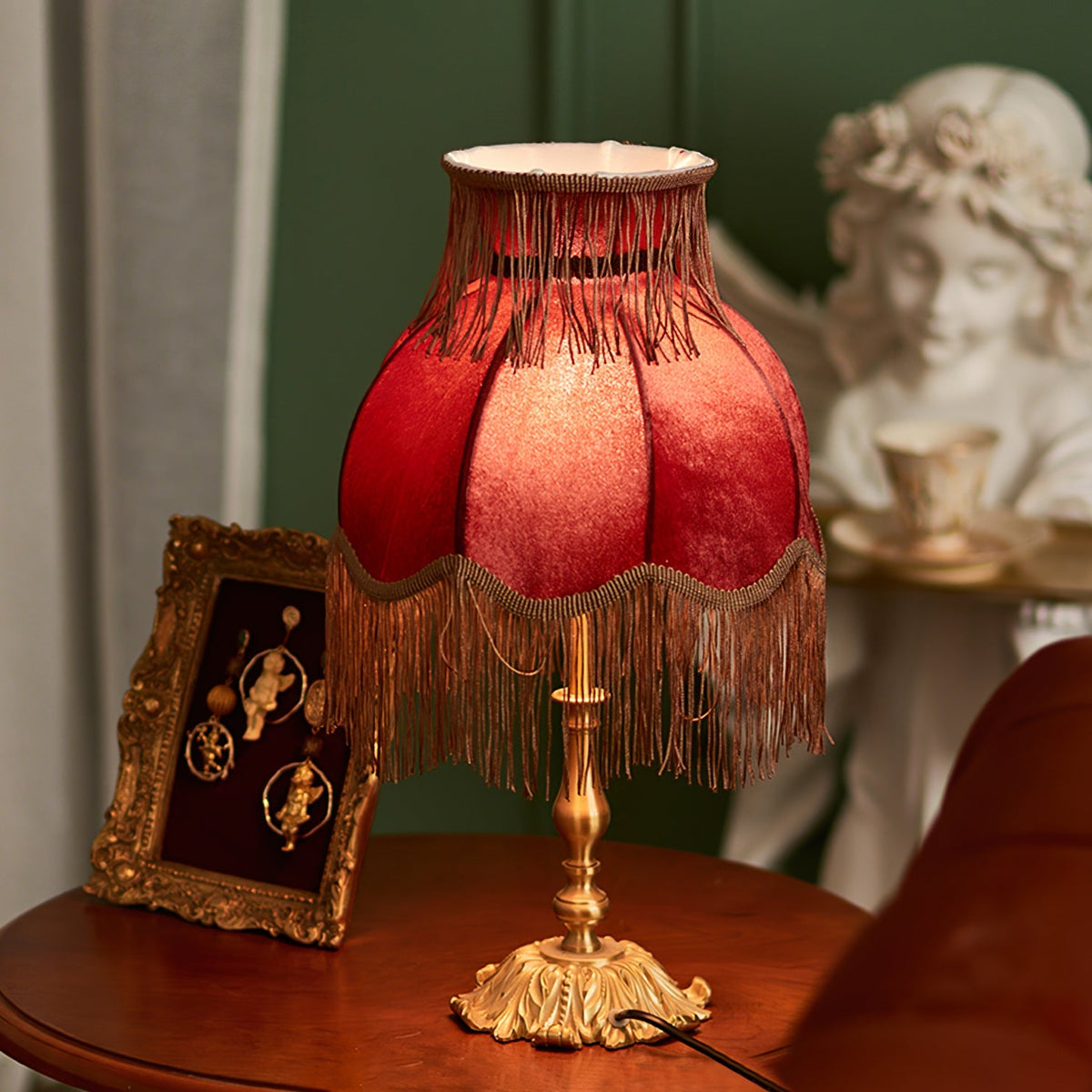 Bedside Lamp with Red Fabric Shade & Brass Base – Warm Ambient Light for Nightstand, Desk & Living Room – E26 Socket – 9.4 in Diameter