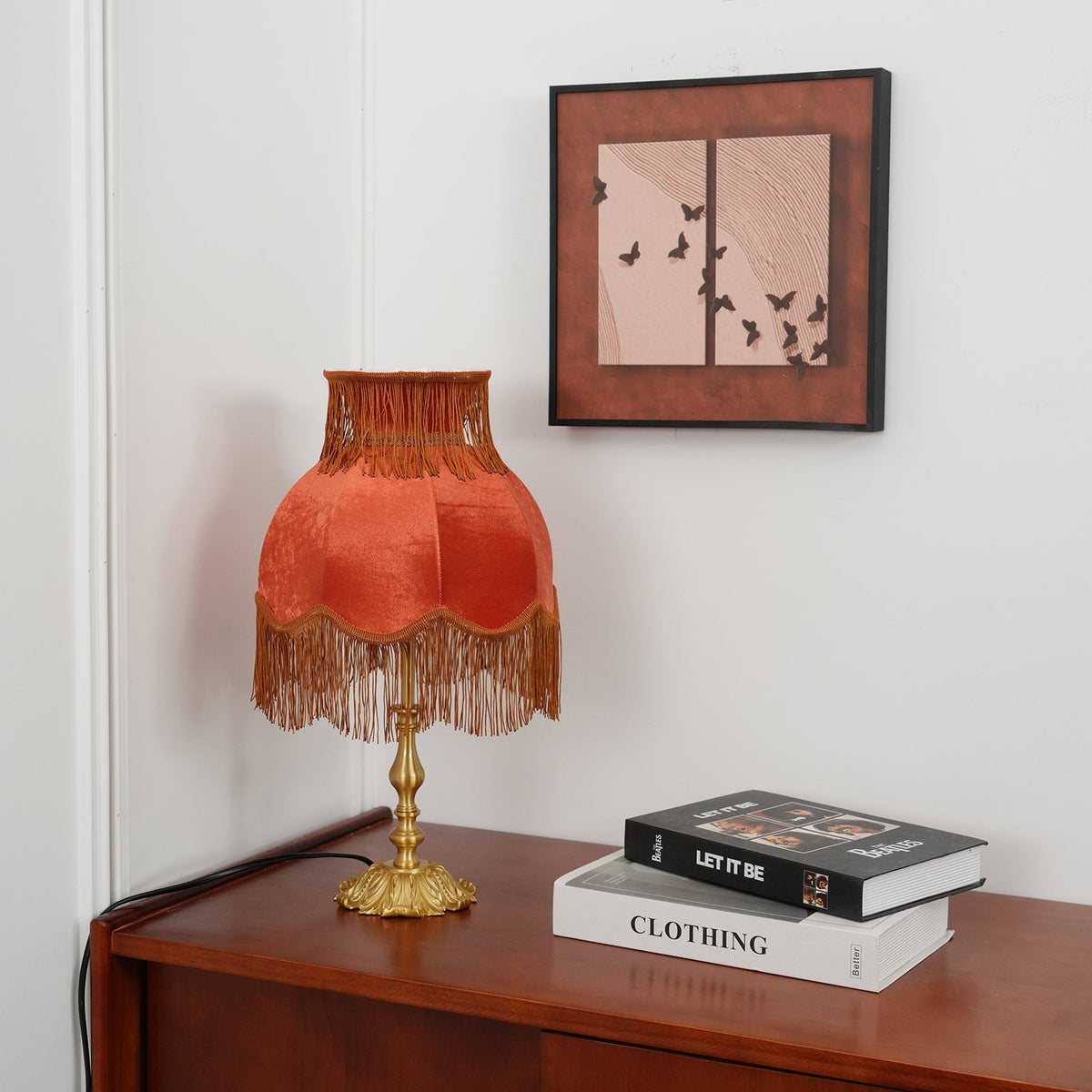 Bedside Lamp with Red Fabric Shade & Brass Base – Warm Ambient Light for Nightstand, Desk & Living Room – E26 Socket – 9.4 in Diameter