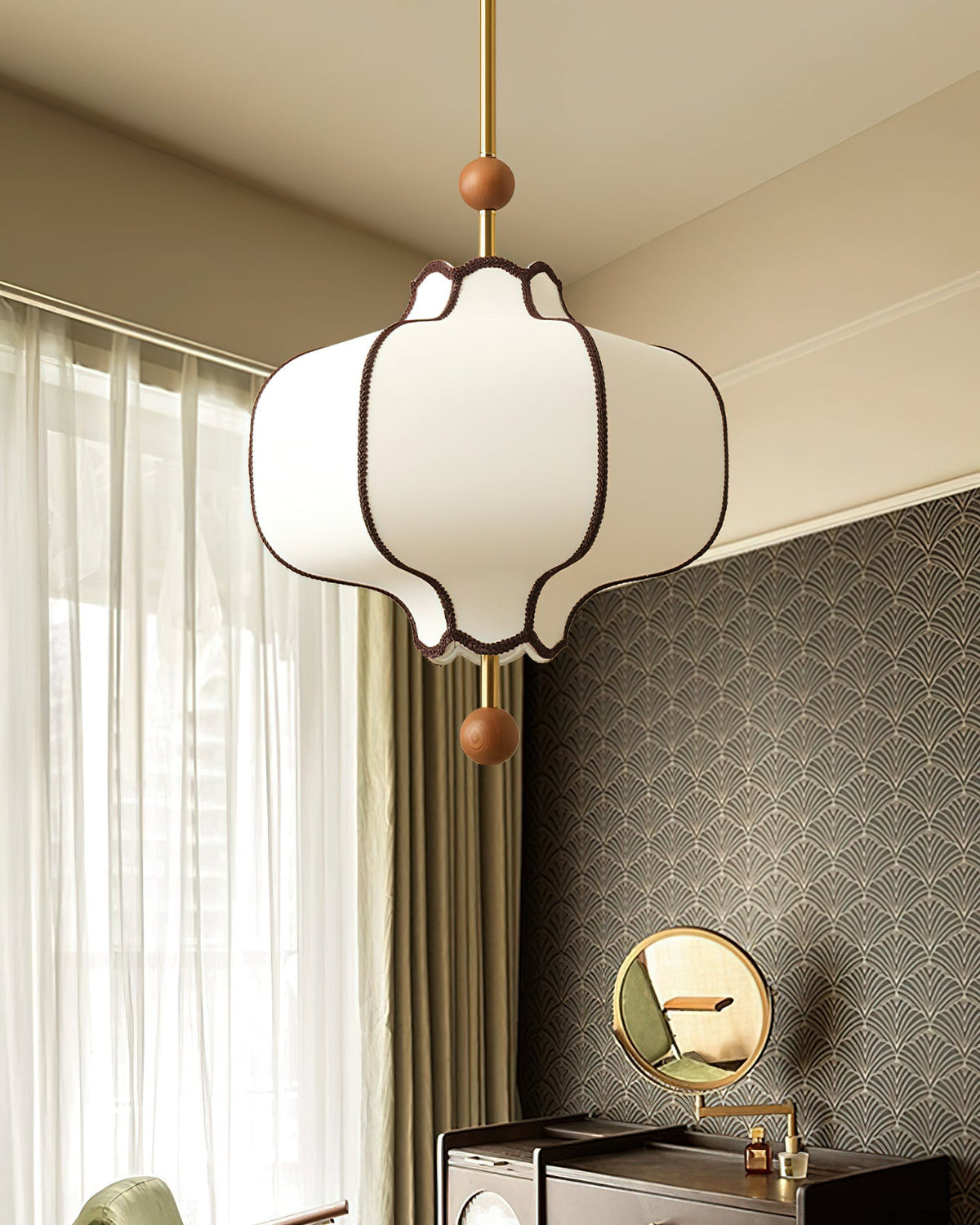 Multi-Bulb Hanging Ceiling Lantern in Wood & Fabric for Dining Room, Living Room & Entryway | Classic Drum Shade Chandelier with Adjustable