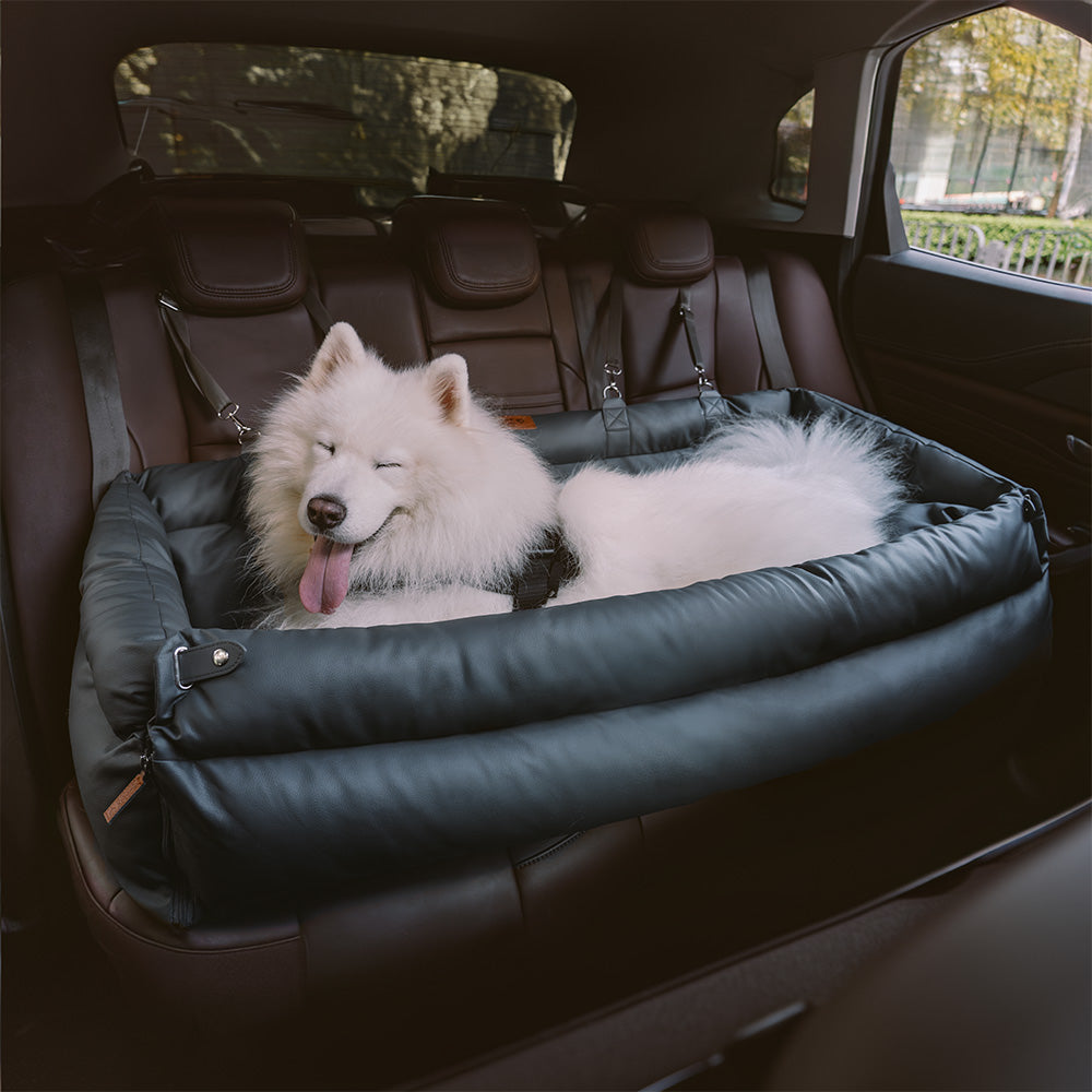 Elevated Pet Car Seat with Cushioned Bolsters for Medium to Large Dogs – Faux Leather Travel Booster Bed for SUVs & Sedans