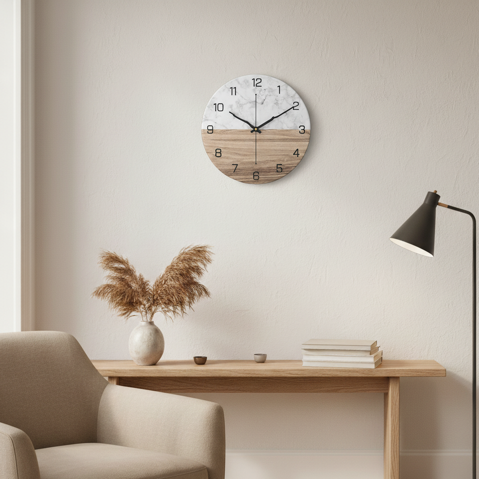 Large Modern Wall Clock with Marble Look and Silent Quartz Movement –11.81 inch Diameter Wall Clock Decor
