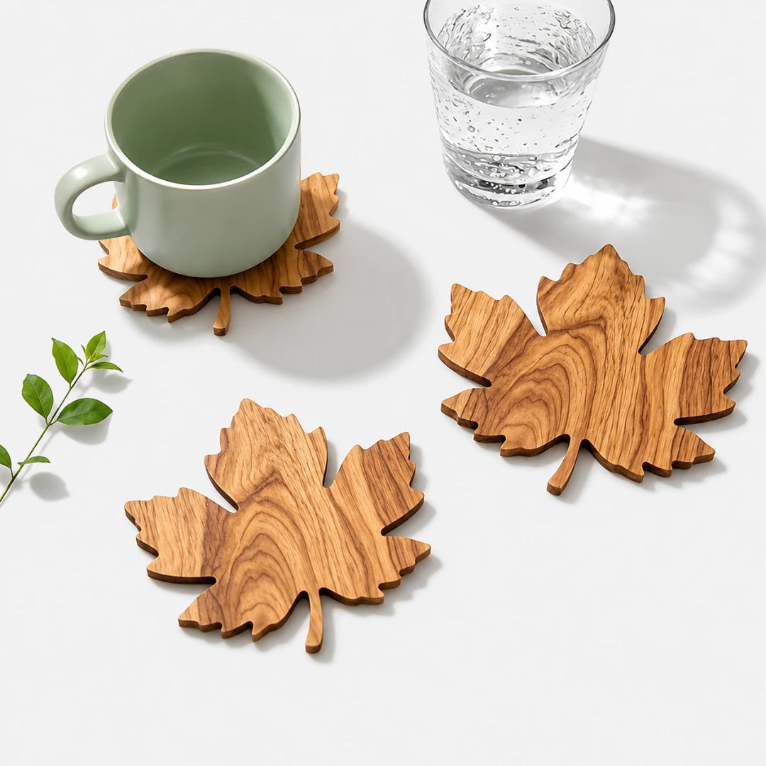 Posavasos Lorien para bebidas - Madera maciza, diseño en forma de hoja, juego de 3 piezas