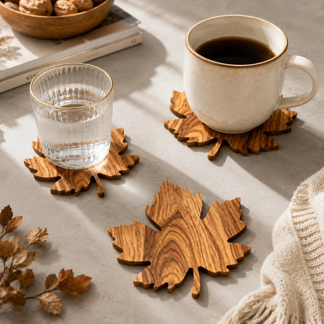 Posavasos Lorien para bebidas - Madera maciza, diseño en forma de hoja, juego de 3 piezas