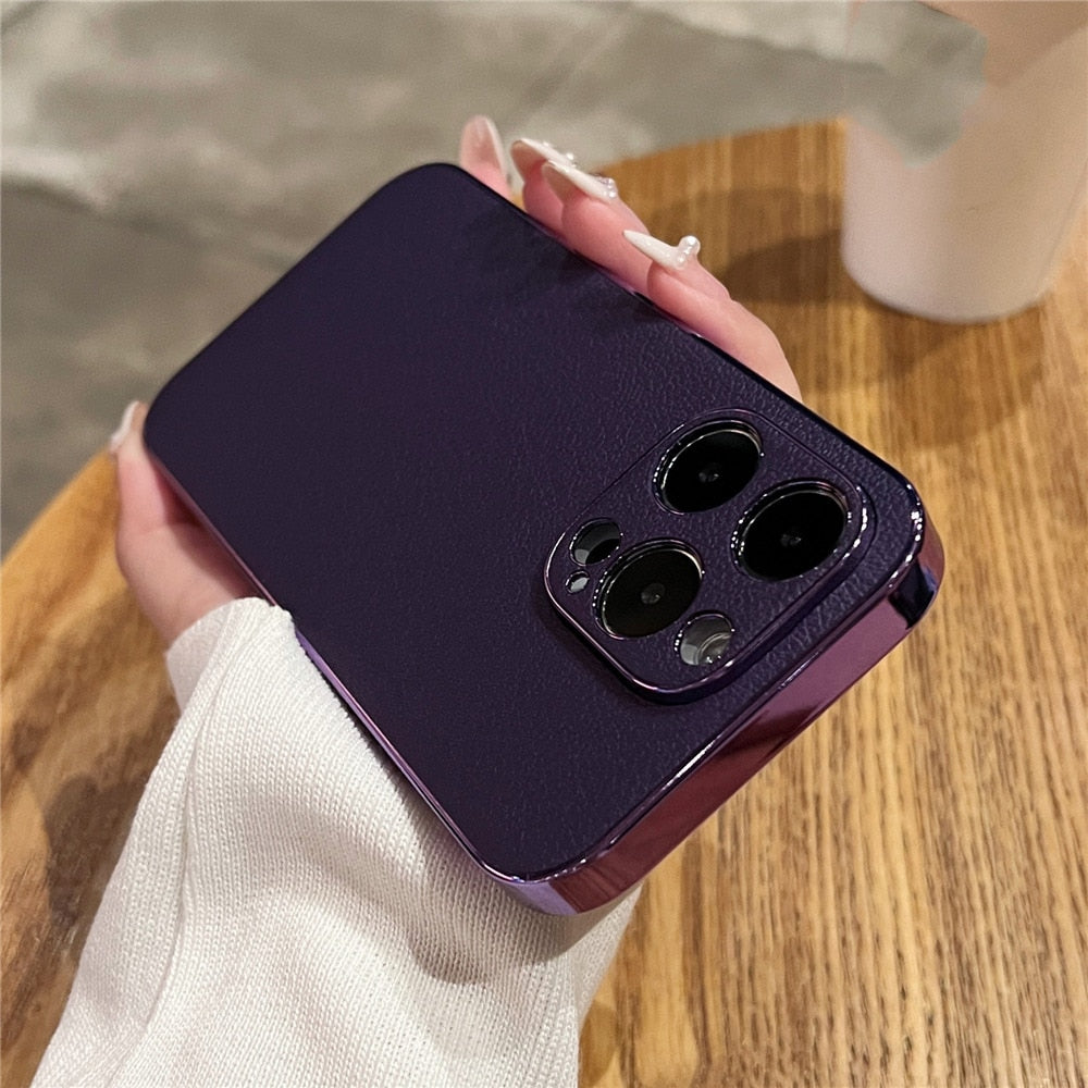 Premium Genuine Leather iPhone Case with Metal Frame Protection for 13-17 Series