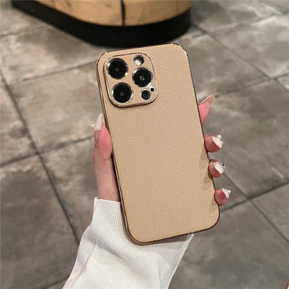 Premium Genuine Leather iPhone Case with Metal Frame Protection for 13-17 Series