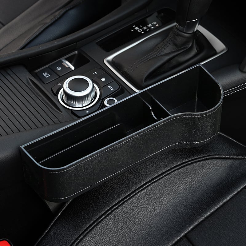 Car Console Organizer with Cup Holder, Car Seat Gap Filler with Coin Box and Storage, Leather Car Seat Organizer
