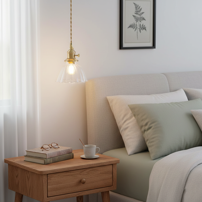 Glass Drop Pendant with Brass Hardware – Hanging Light for Countertops & Tables – Adjustable Suspension – E26 Socket – Transparent Dome Fixt
