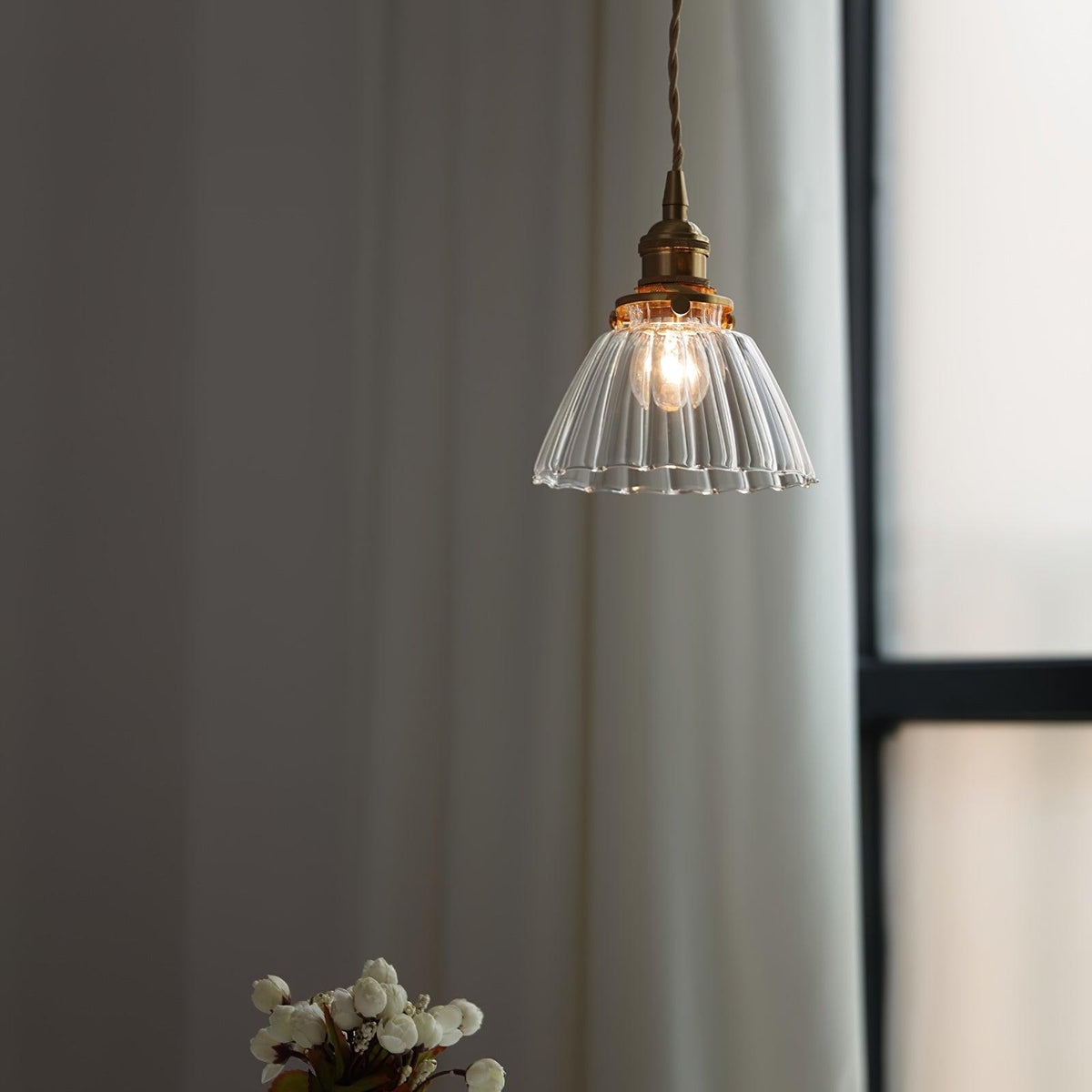 Glass Drop Pendant with Brass Hardware – Hanging Light for Countertops & Tables – Adjustable Suspension – E26 Socket – Transparent Dome Fixt