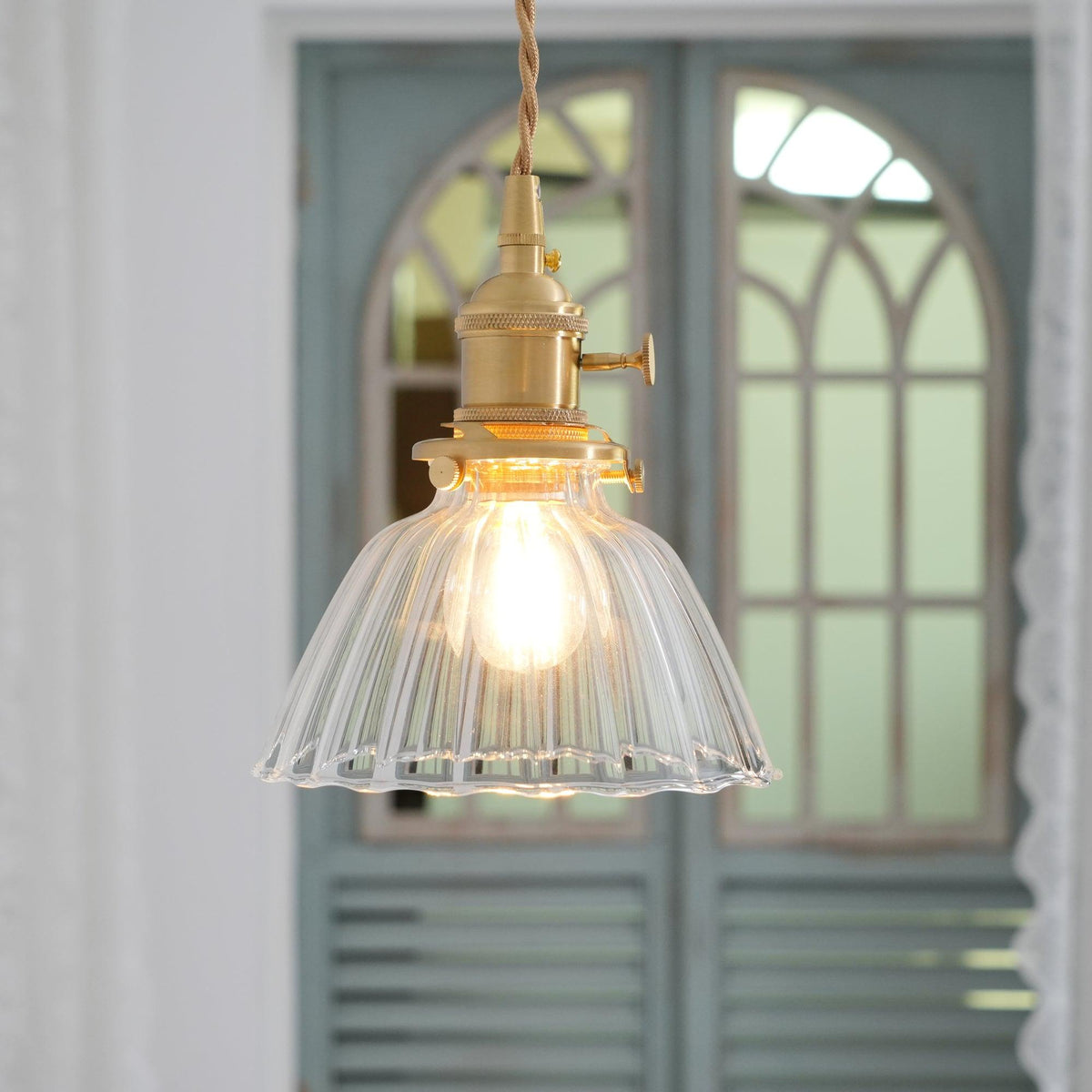 Glass Drop Pendant with Brass Hardware – Hanging Light for Countertops & Tables – Adjustable Suspension – E26 Socket – Transparent Dome Fixt