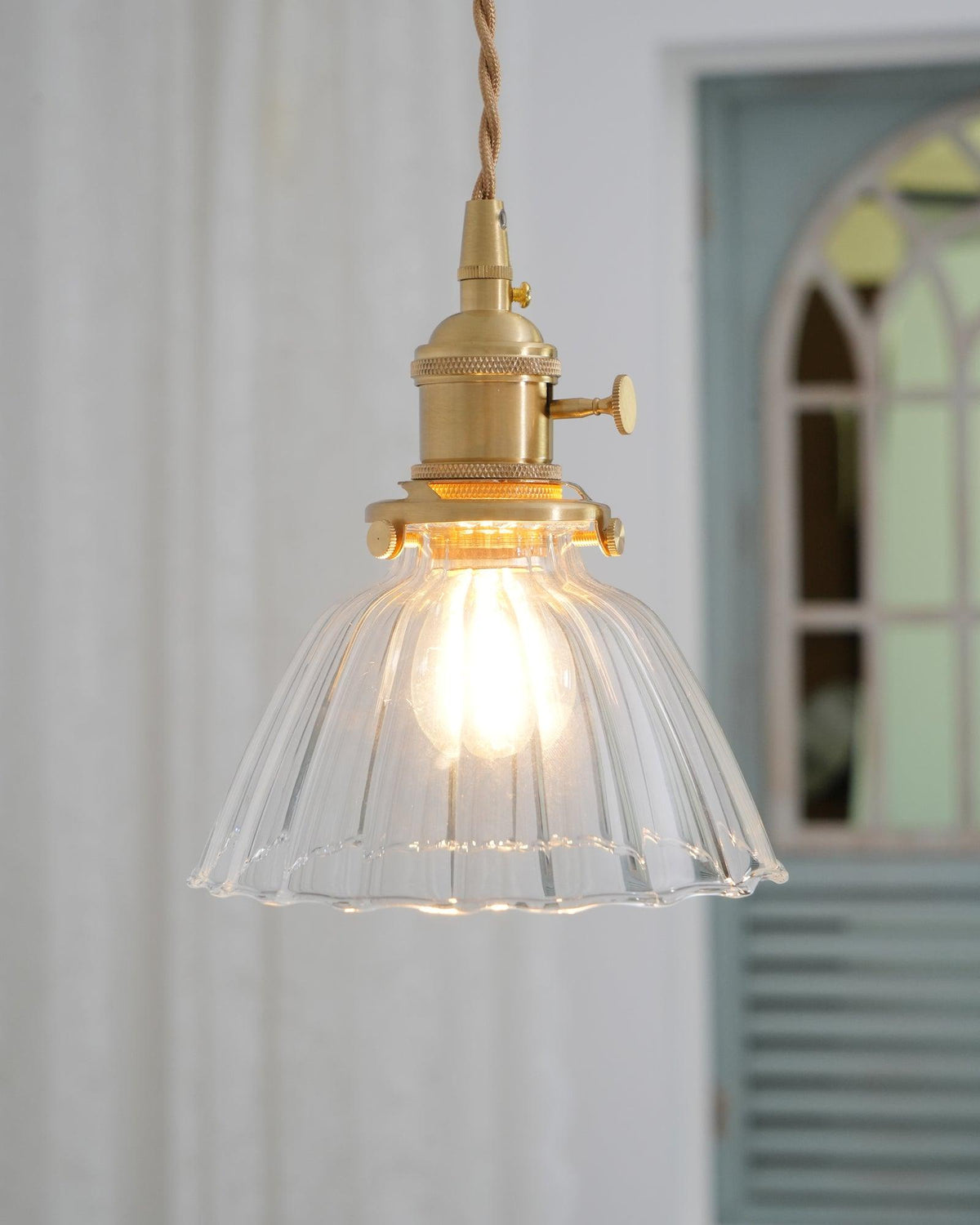Glass Drop Pendant with Brass Hardware – Hanging Light for Countertops & Tables – Adjustable Suspension – E26 Socket – Transparent Dome Fixt