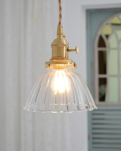 Glass Drop Pendant with Brass Hardware – Hanging Light for Countertops & Tables – Adjustable Suspension – E26 Socket – Transparent Dome Fixt