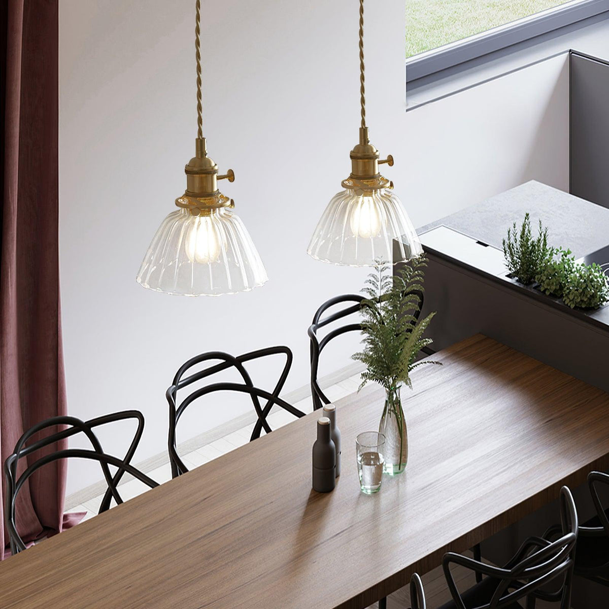 Glass Drop Pendant with Brass Hardware – Hanging Light for Countertops & Tables – Adjustable Suspension – E26 Socket – Transparent Dome Fixt