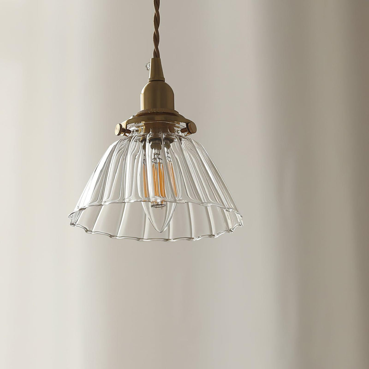 Glass Drop Pendant with Brass Hardware – Hanging Light for Countertops & Tables – Adjustable Suspension – E26 Socket – Transparent Dome Fixt