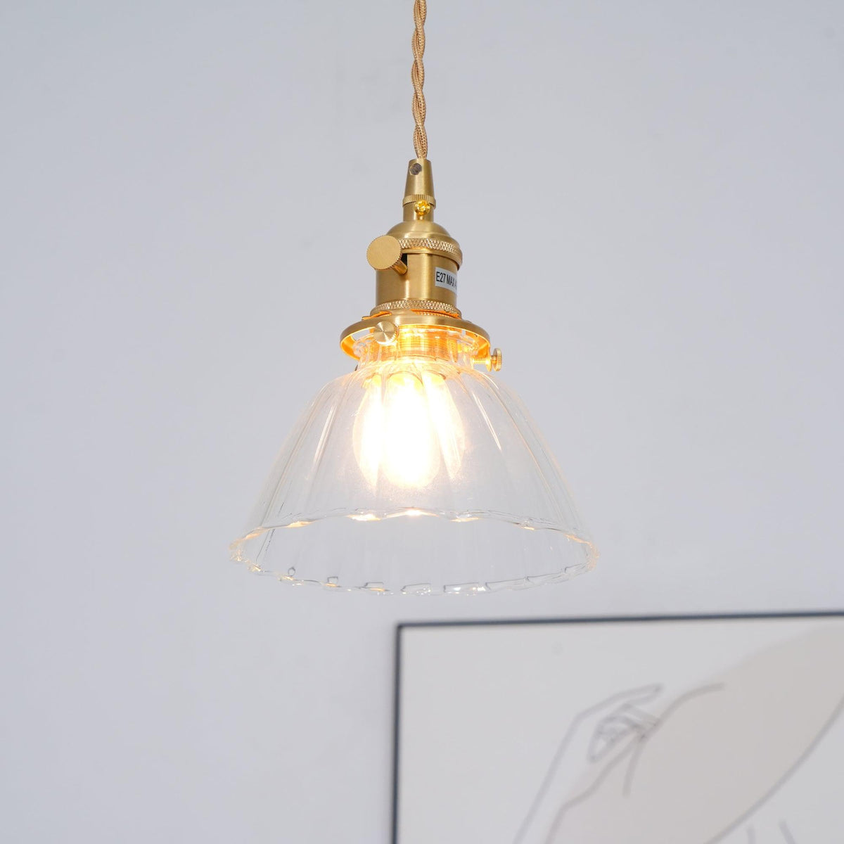 Glass Drop Pendant with Brass Hardware – Hanging Light for Countertops & Tables – Adjustable Suspension – E26 Socket – Transparent Dome Fixt
