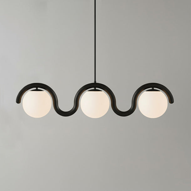 Modern Linear Chandelier with Curved Metal Frame & Glass Sphere – Art Nouveau Pendant Light for Dining Room