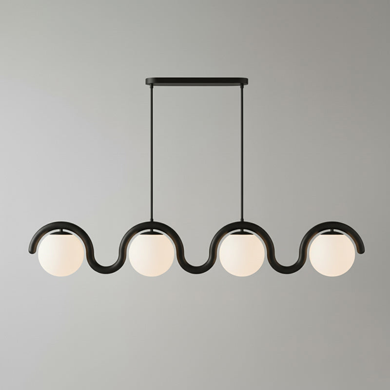 Modern Linear Chandelier with Curved Metal Frame & Glass Sphere – Art Nouveau Pendant Light for Dining Room