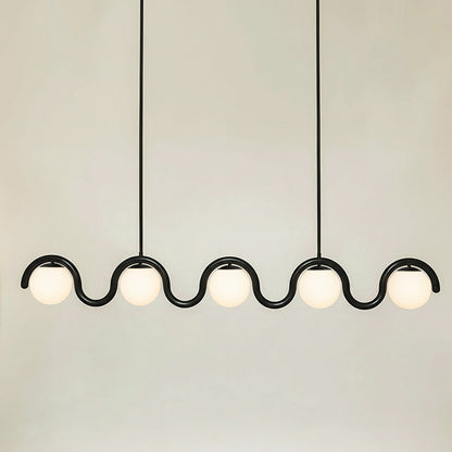 Modern Linear Chandelier with Curved Metal Frame & Glass Sphere – Art Nouveau Pendant Light for Dining Room