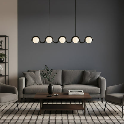 Modern Linear Chandelier with Curved Metal Frame & Glass Sphere – Art Nouveau Pendant Light for Dining Room