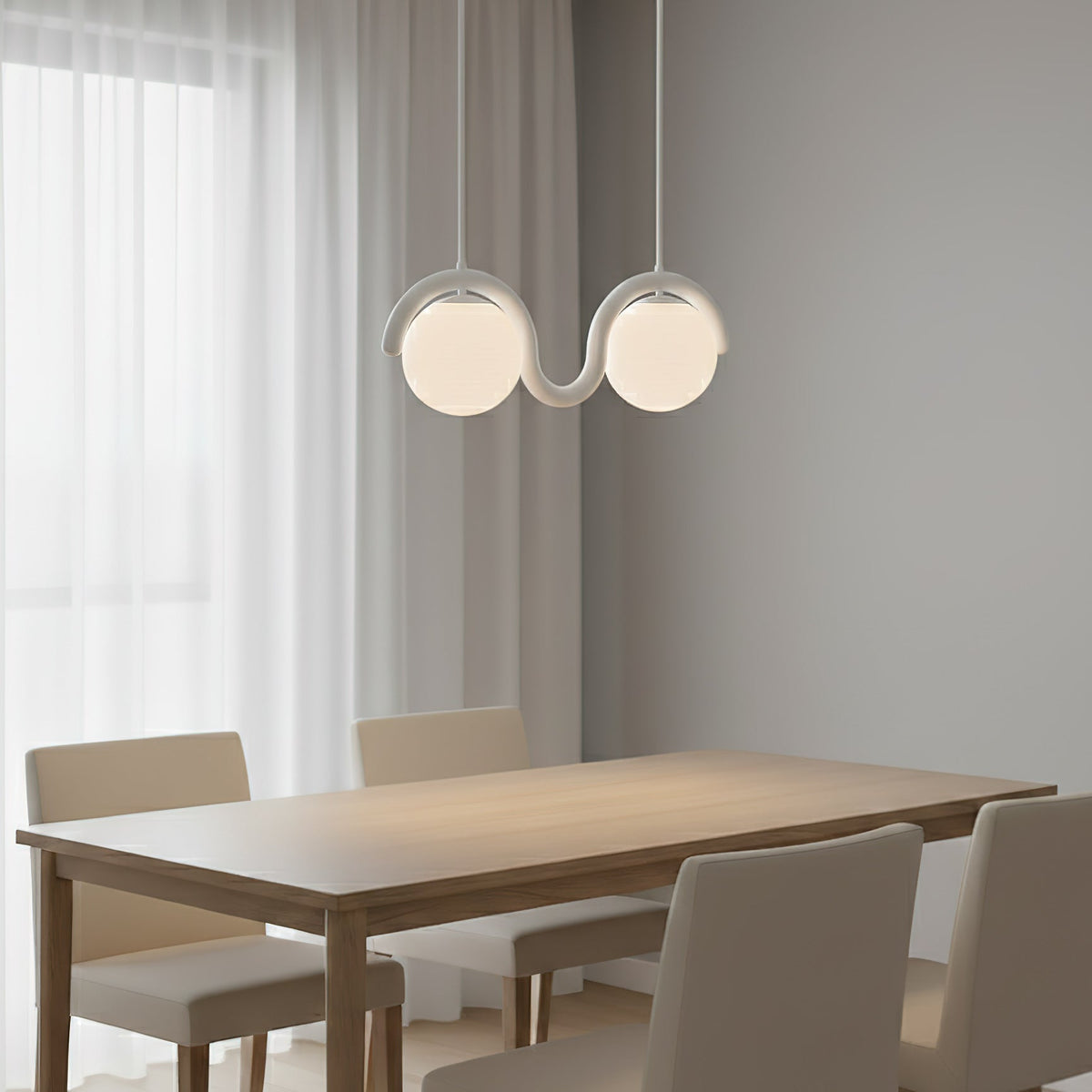 Modern Linear Chandelier with Curved Metal Frame & Glass Sphere – Art Nouveau Pendant Light for Dining Room
