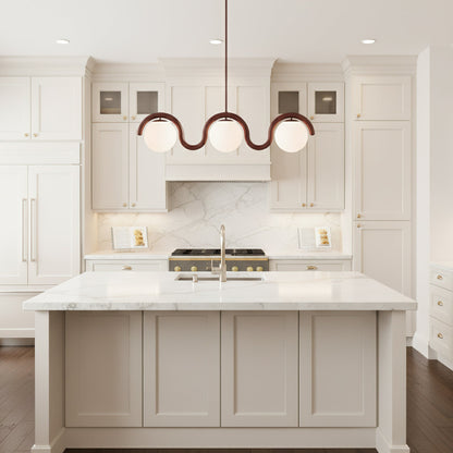 Modern Linear Chandelier with Curved Metal Frame & Glass Sphere – Art Nouveau Pendant Light for Dining Room