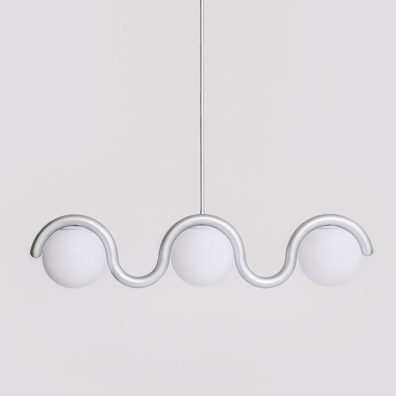 Modern Linear Chandelier with Curved Metal Frame & Glass Sphere – Art Nouveau Pendant Light for Dining Room