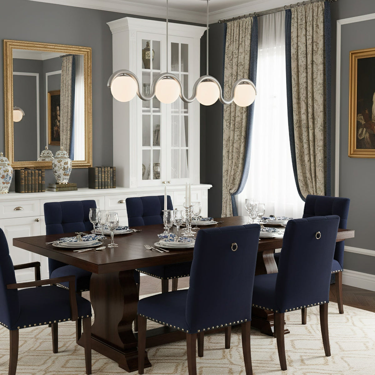 Modern Linear Chandelier with Curved Metal Frame & Glass Sphere – Art Nouveau Pendant Light for Dining Room