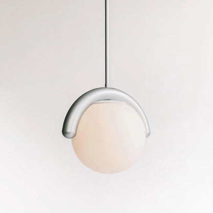 Modern Linear Chandelier with Curved Metal Frame & Glass Sphere – Art Nouveau Pendant Light for Dining Room