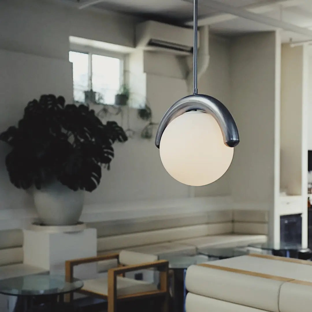 Modern Linear Chandelier with Curved Metal Frame & Glass Sphere – Art Nouveau Pendant Light for Dining Room