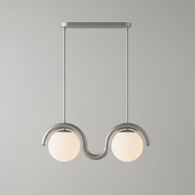 Modern Linear Chandelier with Curved Metal Frame & Glass Sphere – Art Nouveau Pendant Light for Dining Room