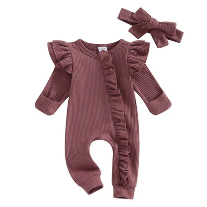 Ruffled Baby Romper with Headband – Soft Cotton Jumpsuit for Newborns & Infants 0-18 Months