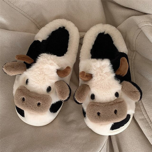 Pantuflas de felpa con diseño de vaca para mujer con suela antideslizante: calzado de interior acogedor con diseño de animal para otoño e invierno