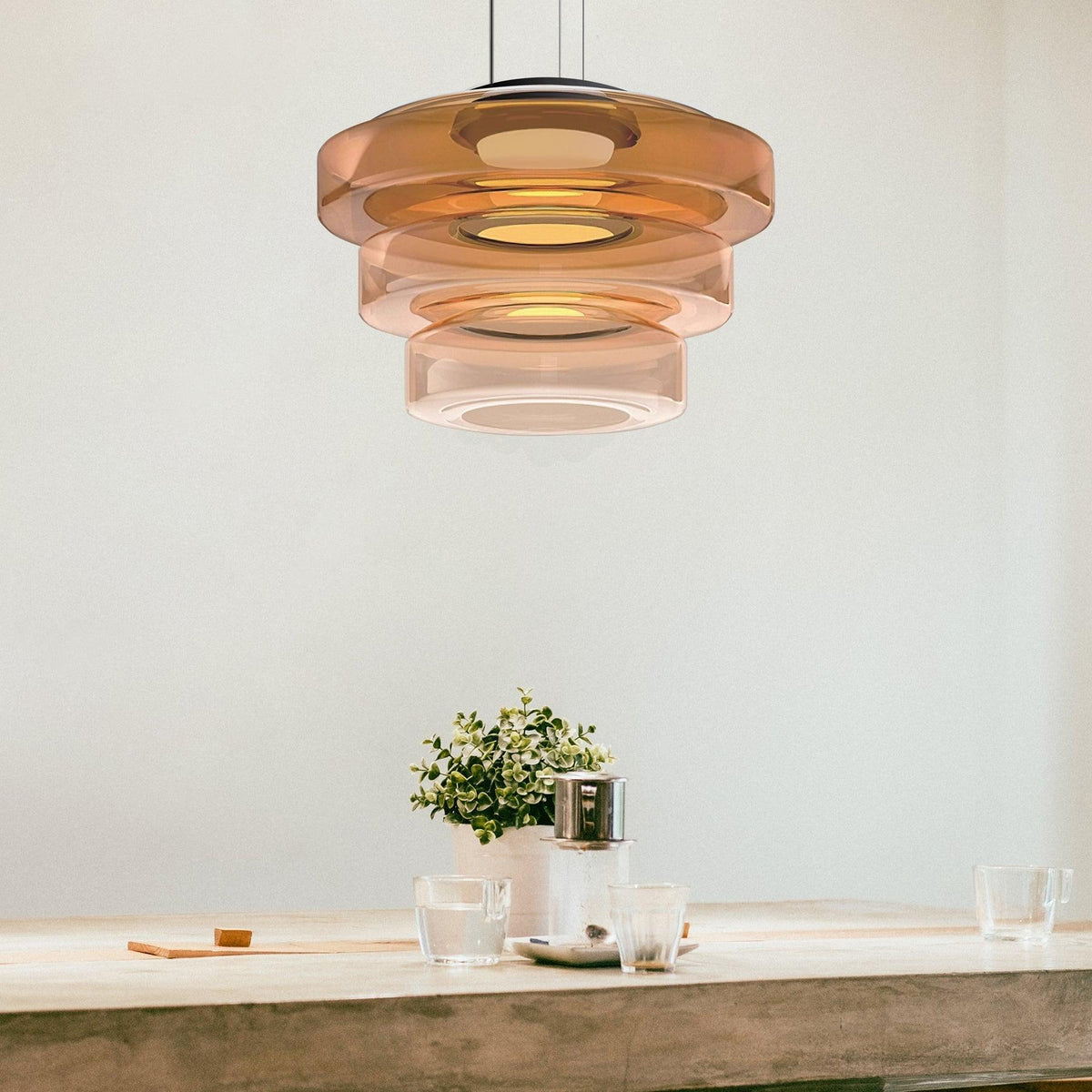 Tiered Glass Pendant Ceiling Fixture LED Multi-Level Hanging Light for Kitchen Island Dining Room Modern Layered Chandelier Adjustable Heigh