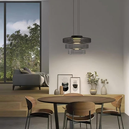 Tiered Glass Pendant Ceiling Fixture LED Multi-Level Hanging Light for Kitchen Island Dining Room Modern Layered Chandelier Adjustable Heigh