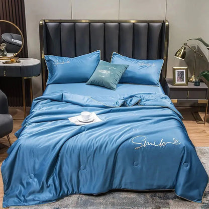Lightweight Summer Quilt Set | 100% Washed Silk with Elegant Embroidered Design | Comfortable Cooling for Warm Nights