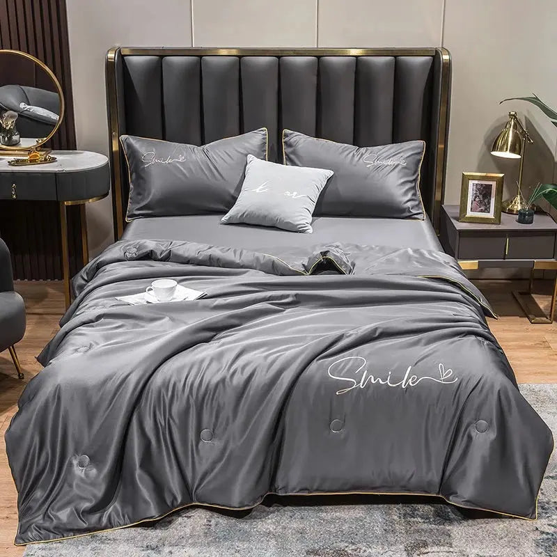 Lightweight Summer Quilt Set | 100% Washed Silk with Elegant Embroidered Design | Comfortable Cooling for Warm Nights