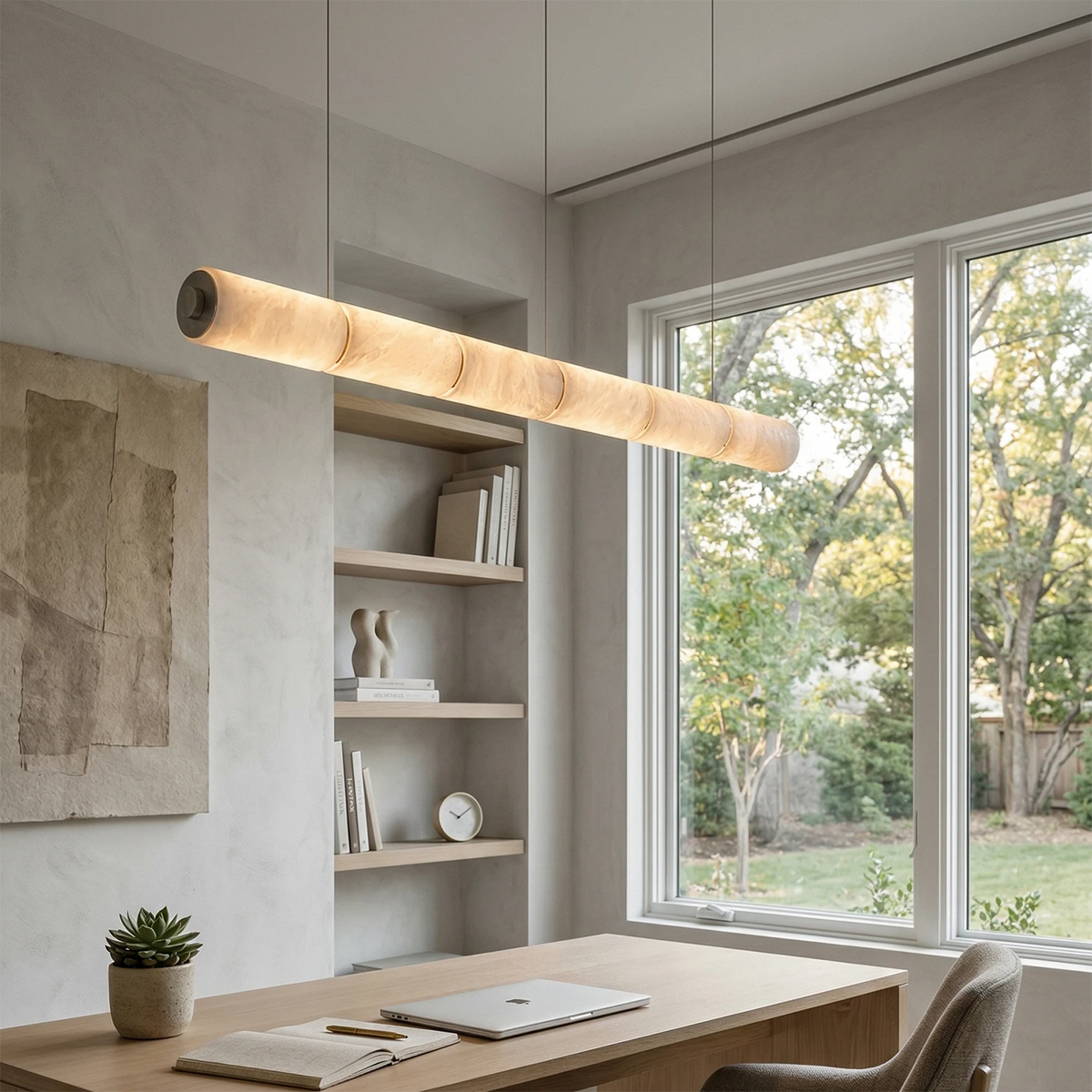 Linear Alabaster LED Chandelier – Modern Dining Room Light with Unique Design and Dimmable Feature