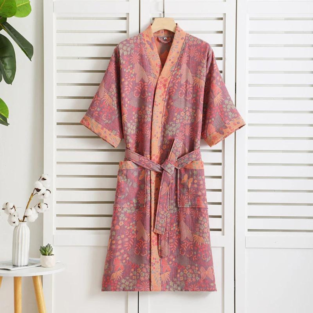 Liora Bathrobe - Lightweight Cotton, Vintage Print Dressing Gown