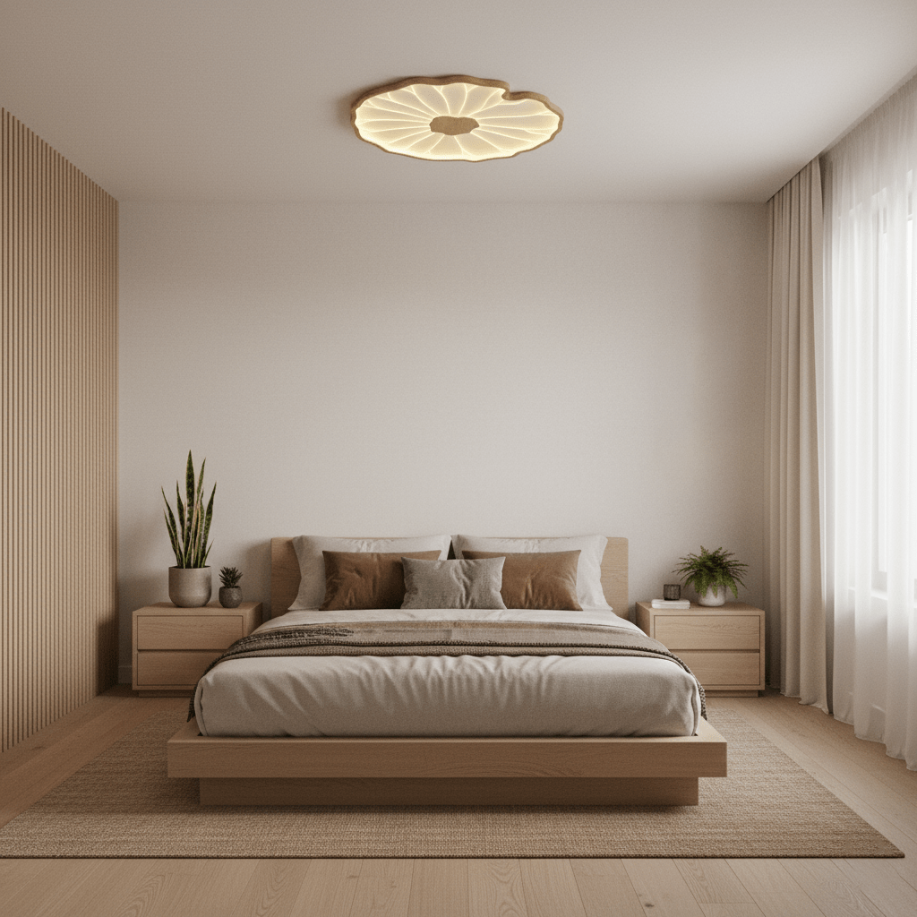 Wood-Look LED Ceiling Light Flush Mount with Botanical Curved Edge Design for Bedroom Living Room Kitchen