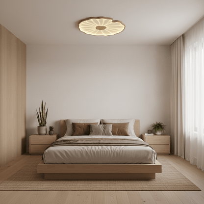 Wood-Look LED Ceiling Light Flush Mount with Botanical Curved Edge Design for Bedroom Living Room Kitchen