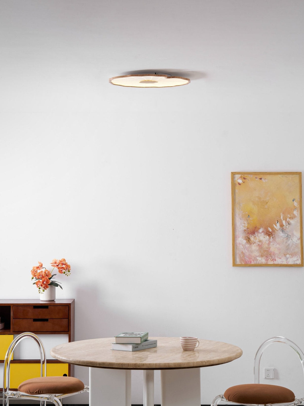 Wood-Look LED Ceiling Light Flush Mount with Botanical Curved Edge Design for Bedroom Living Room Kitchen