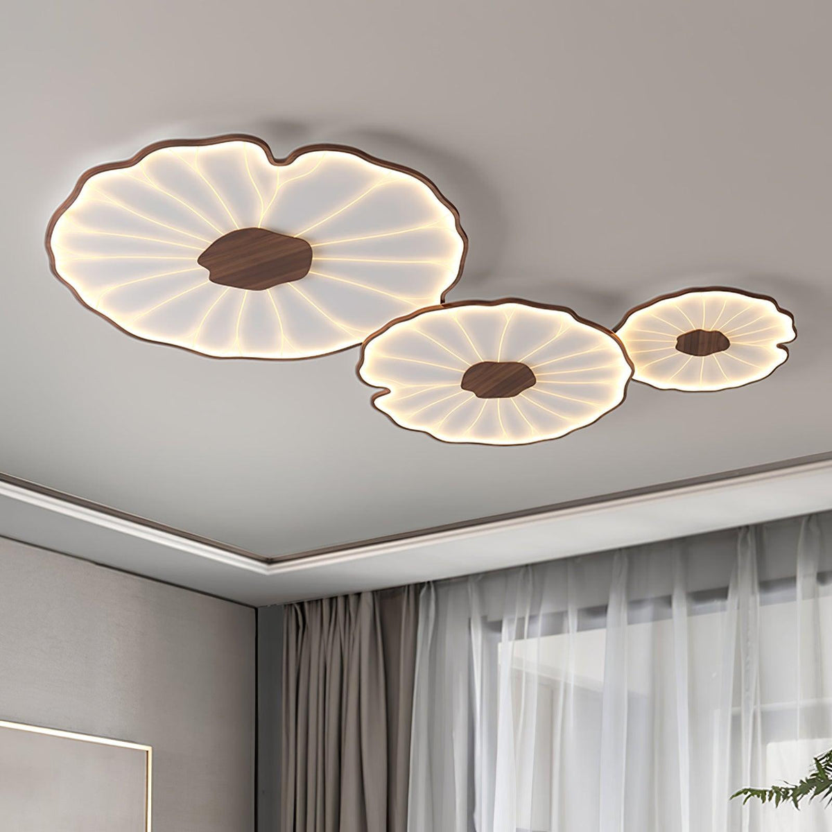 Wood-Look LED Ceiling Light Flush Mount with Botanical Curved Edge Design for Bedroom Living Room Kitchen