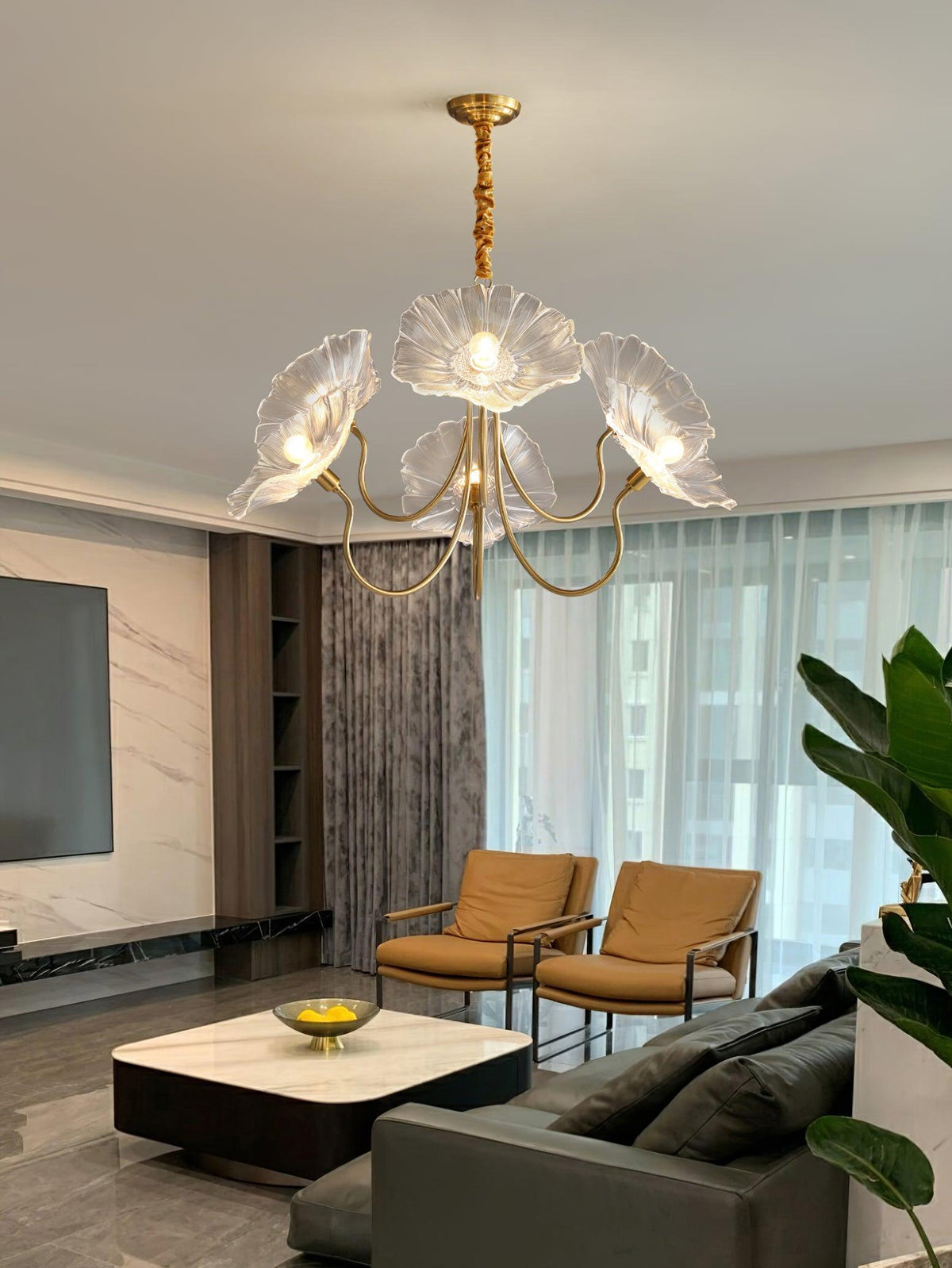Botanical Glass Multi-Light Fixture 35 in Gold Finish for Dining Room Living Room Entryway Ambient Overhead Illumination