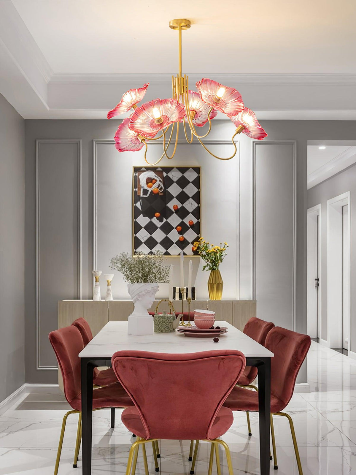 Botanical Glass Multi-Light Fixture 35 in Gold Finish for Dining Room Living Room Entryway Ambient Overhead Illumination