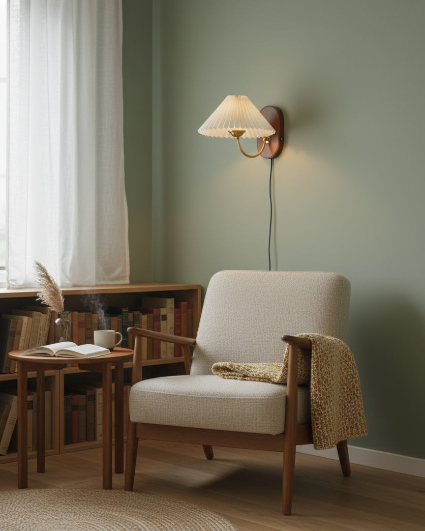 Plug-In Sconce Light with Pleated Shade and Walnut Accents 12 Inch Square for Bedside Reading Nooks Hallways