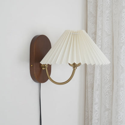 Plug-In Sconce Light with Pleated Shade and Walnut Accents 12 Inch Square for Bedside Reading Nooks Hallways